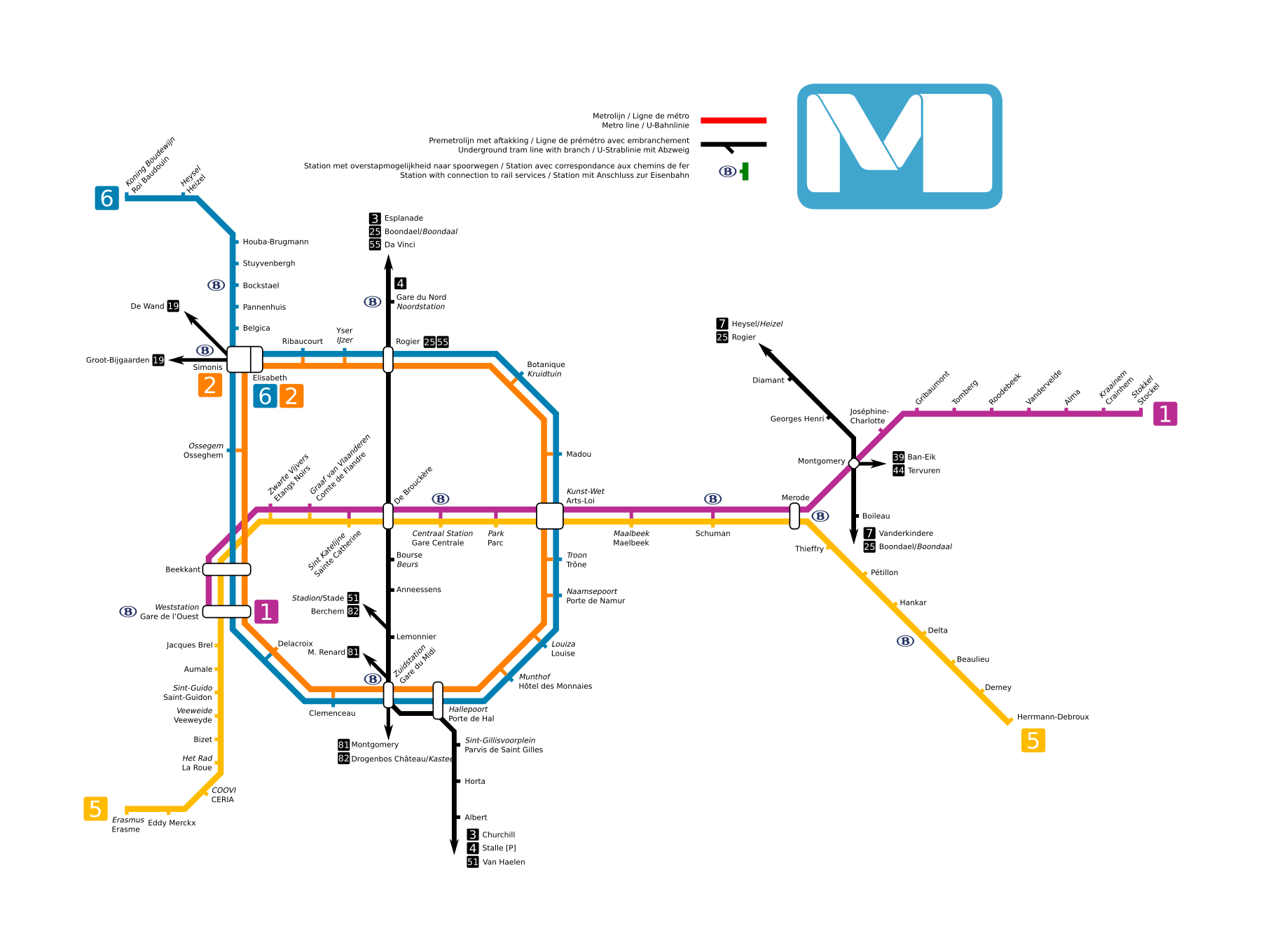 Plan du métro et du prémétro de Bruxelles : lignes 1, 2, 5 et 6